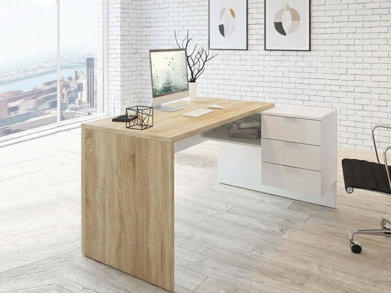 Scrivania moderna rovere e bianca 145x108cm con 2 cassetti - Agnello