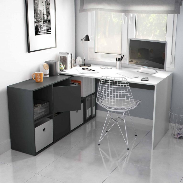 Scrivania modulabile bianca e antracite 136x139cm con libreria - Abby