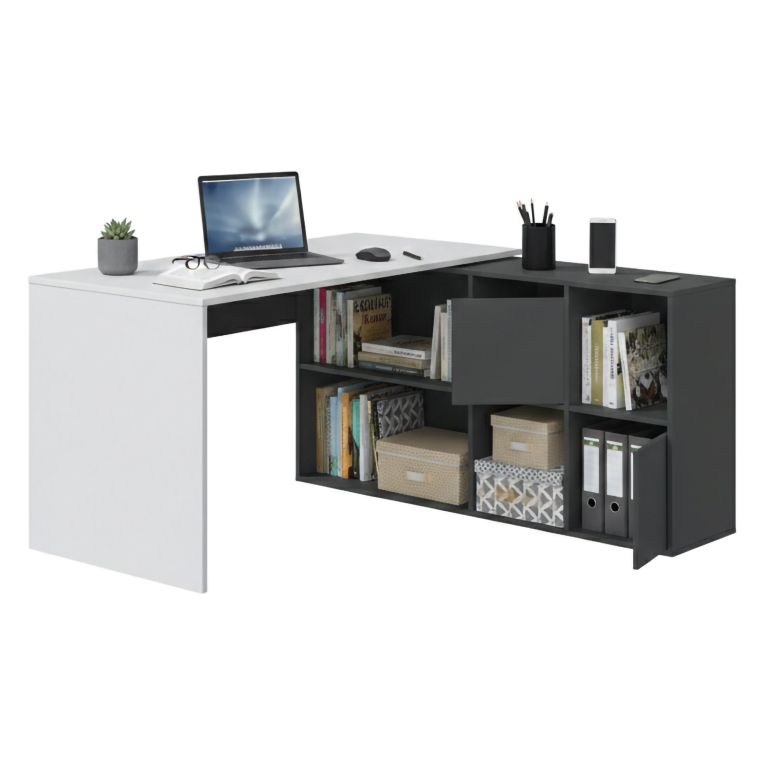 Scrivania modulabile bianca e antracite 136x139cm con libreria - Abby