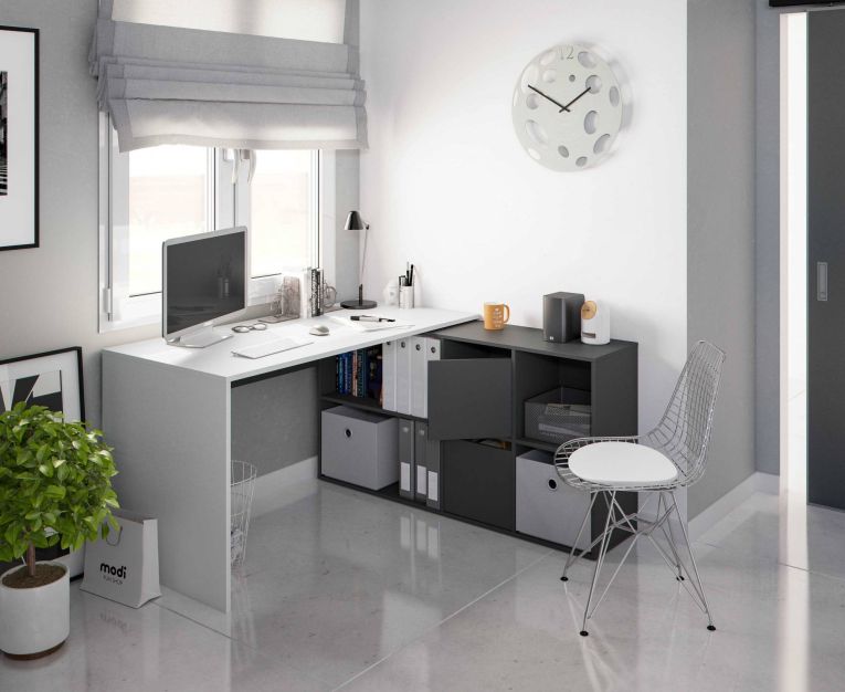Scrivania modulabile bianca e antracite 136x139cm con libreria - Abby