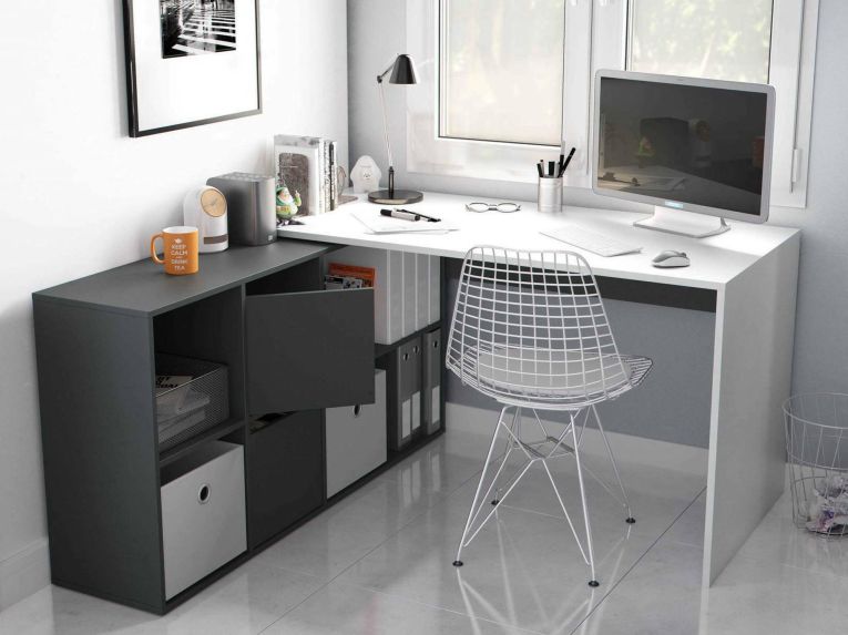 Scrivania modulabile bianca e antracite 136x139cm con libreria - Abby