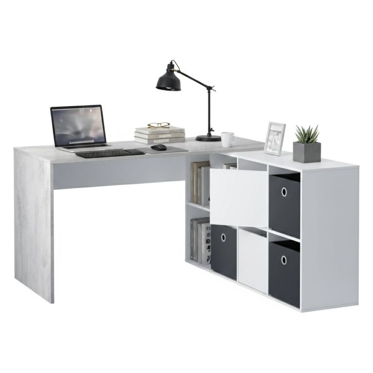 Scrivania modulabile bianca e cemento 136x139cm con libreria - Abby