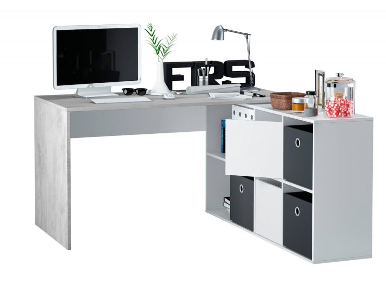 Scrivania modulabile bianca e cemento 136x139cm con libreria - Abby