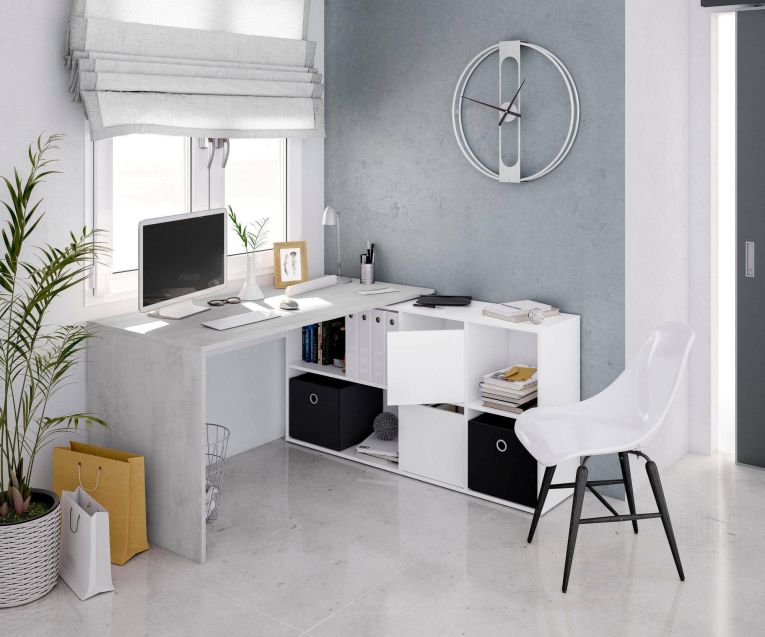 Scrivania modulabile bianca e cemento 136x139cm con libreria - Abby