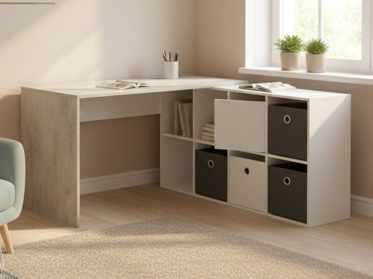 Scrivania modulabile bianca e cemento 136x139cm con libreria - Abby