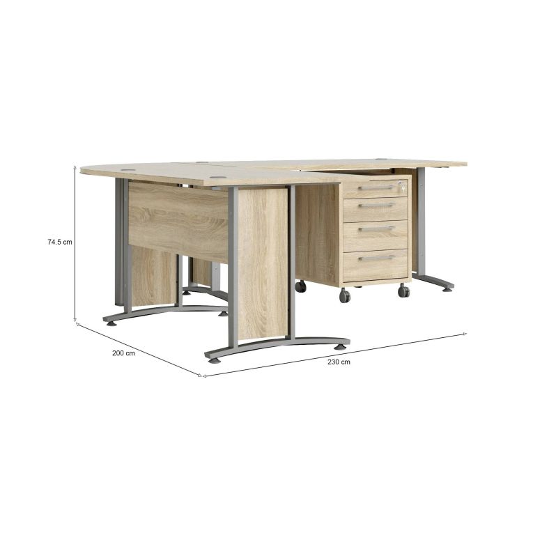 Scrivania Myriam, Scrittoio multiuso, Tavolo per ufficio porta PC, Piano di lavoro, 200x230 h75 cm, Grigio e Quercia