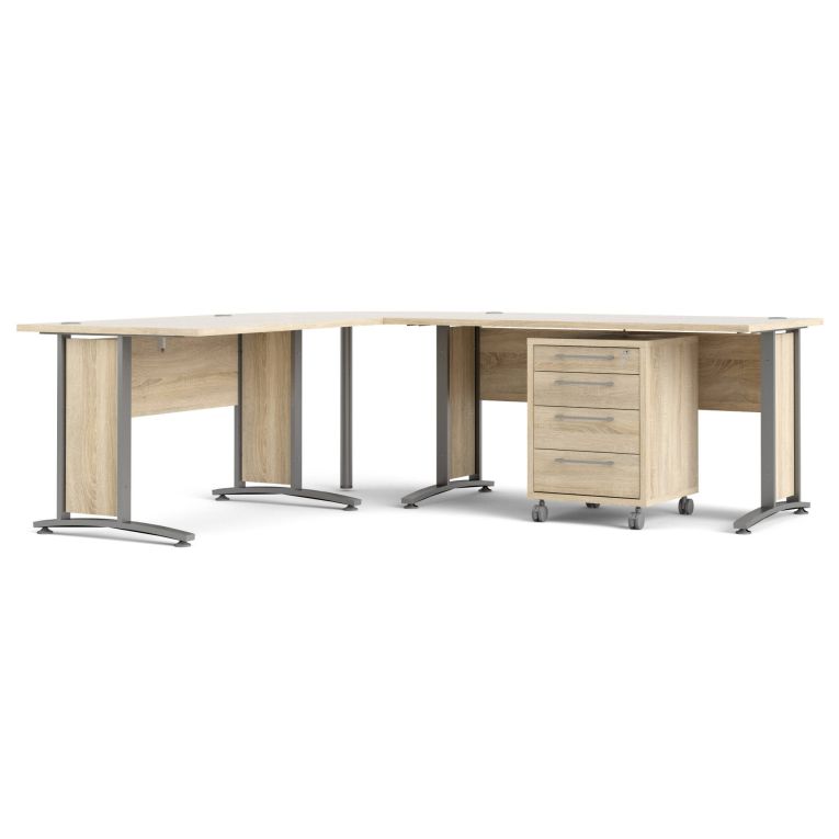 Scrivania Myriam, Scrittoio multiuso, Tavolo per ufficio porta PC, Piano di lavoro, 200x230 h75 cm, Grigio e Quercia