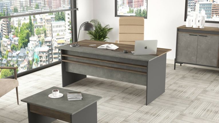 Scrivania Nash, Scrittoio multiuso, Tavolo per ufficio porta PC, Piano di lavoro, 180x90 h75 cm, Marrone e Grigio