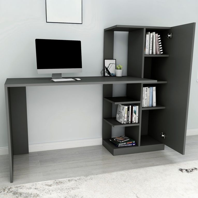 Scrivania Nero Antracite 6 Ripiani Un'anta 120x55x74h cm, 7 Vani - Donnas