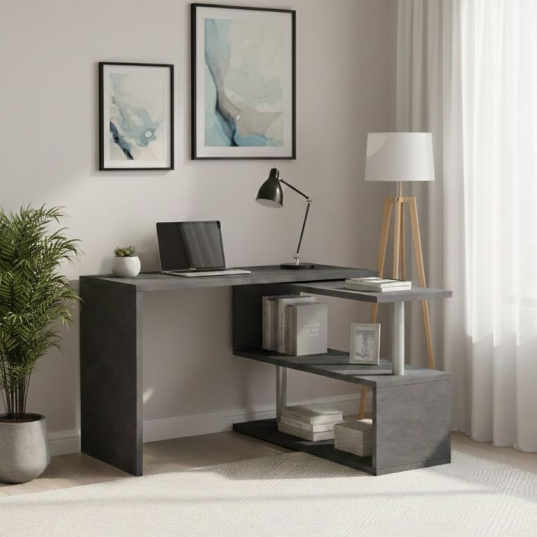 Scrivania Nero Antracite Angolare Modulabile 120x50x75h cm, 2 Ripiani - Topazio
