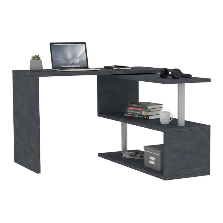 Scrivania Nero Antracite Angolare Modulabile 120x50x75h cm, 2 Ripiani - Topazio