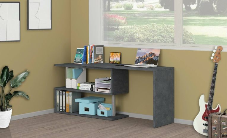 Scrivania Nero Antracite Angolare Modulabile 120x50x75h cm, 2 Ripiani - Topazio