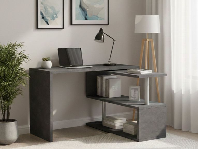 Scrivania Nero Antracite Angolare Modulabile 120x50x75h cm, 2 Ripiani - Topazio