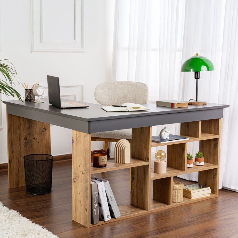 Scrivania Nero Antracite Marrone Rovere Nodi Angolare Cassetti 130x120x72h cm, 6 Ripiani - Patti