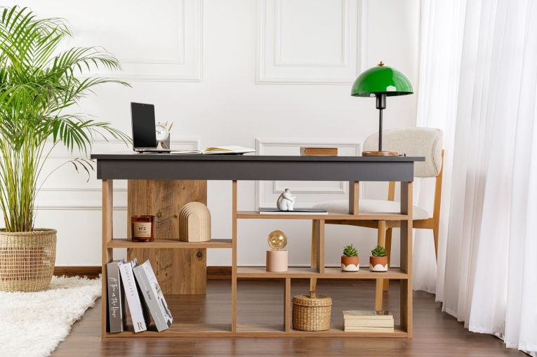 Scrivania Nero Antracite Marrone Rovere Nodi Angolare Cassetti 130x120x72h cm, 6 Ripiani - Patti