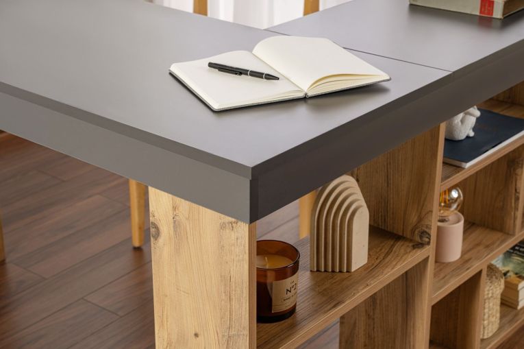 Scrivania Nero Antracite Marrone Rovere Nodi Angolare Cassetti 130x120x72h cm, 6 Ripiani - Patti