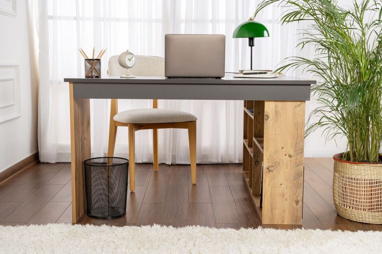 Scrivania Nero Antracite Marrone Rovere Nodi Angolare Cassetti 130x120x72h cm, 6 Ripiani - Patti