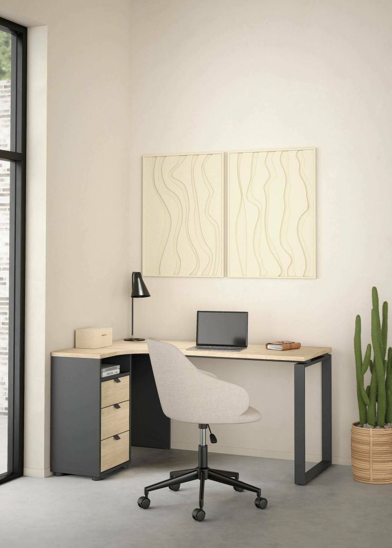 Scrivania Noemie, Scrittoio multiuso, Tavolo per ufficio porta PC, Piano di lavoro, 100x150 h76 cm, Rovere e Grigio