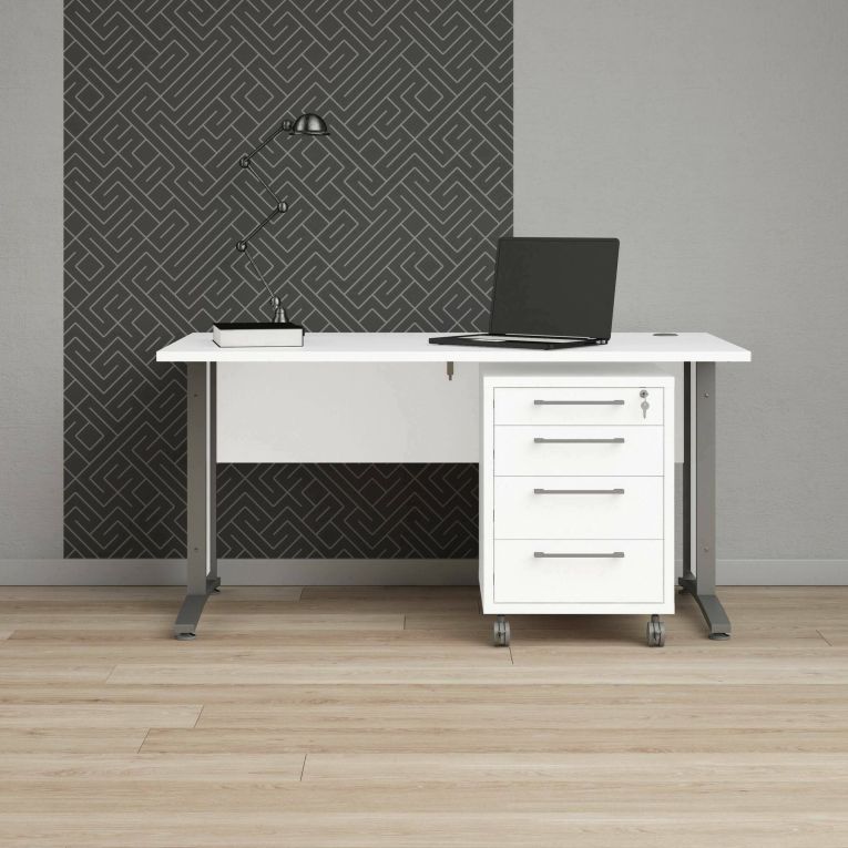 Scrivania Orphee, Scrittoio multiuso, Tavolo per ufficio porta PC, Piano di lavoro, 150x80 h75 cm, Bianco e Grigio