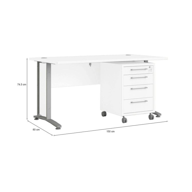 Scrivania Orphee, Scrittoio multiuso, Tavolo per ufficio porta PC, Piano di lavoro, 150x80 h75 cm, Bianco e Grigio
