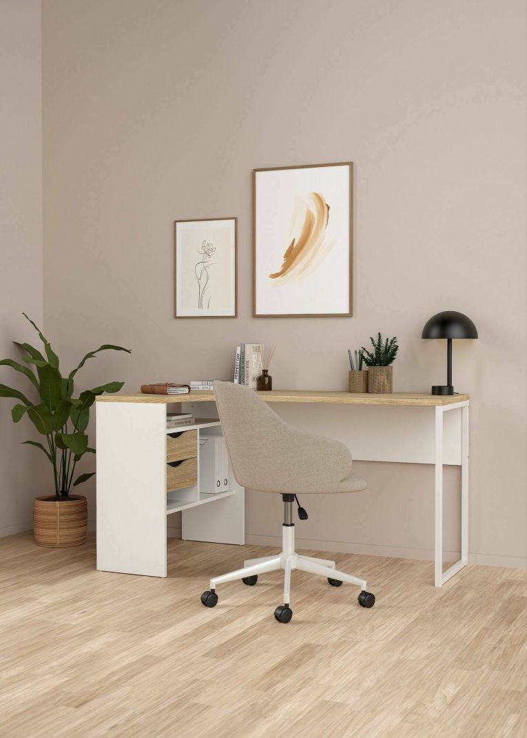 Scrivania Patience, Scrittoio multiuso, Tavolo per ufficio porta PC, Piano di lavoro, 145x81 h77 cm, Bianco e Quercia