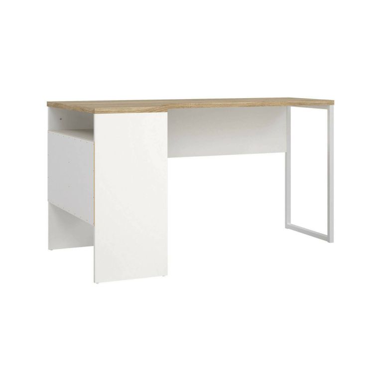 Scrivania Patience, Scrittoio multiuso, Tavolo per ufficio porta PC, Piano di lavoro, 145x81 h77 cm, Bianco e Quercia