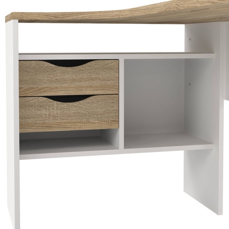 Scrivania Patience, Scrittoio multiuso, Tavolo per ufficio porta PC, Piano di lavoro, 145x81 h77 cm, Bianco e Quercia