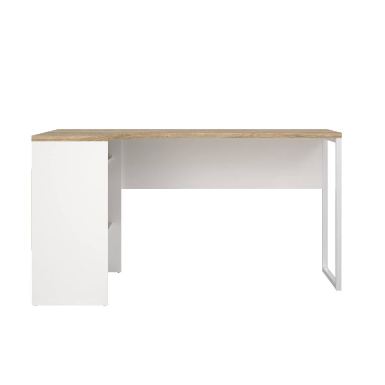 Scrivania Patience, Scrittoio multiuso, Tavolo per ufficio porta PC, Piano di lavoro, 145x81 h77 cm, Bianco e Quercia