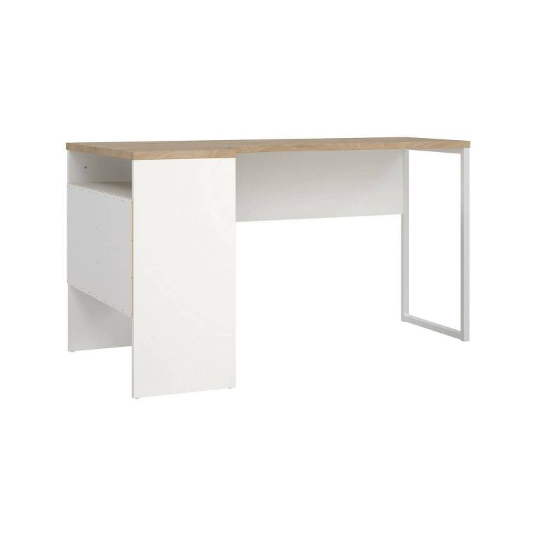 Scrivania Patience, Scrittoio multiuso, Tavolo per ufficio porta PC, Piano di lavoro, 81x145 h77 cm, Bianco e Rovere