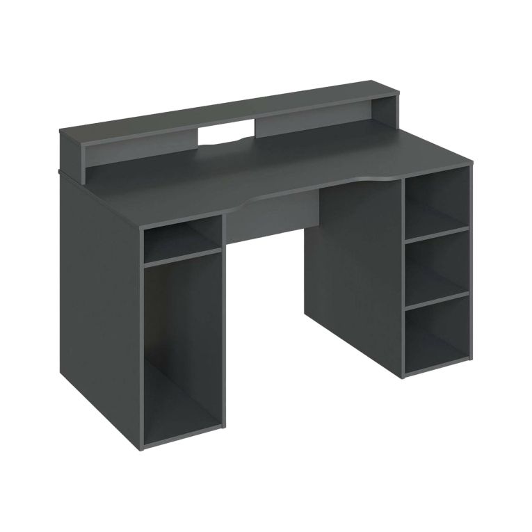Scrivania Phoenix, Scrittoio multifunzione moderno da Gaming, Tavolo da studio porta PC e porta CD, Tavolo da studio con ripiani, 136x67h88 cm, Antracite