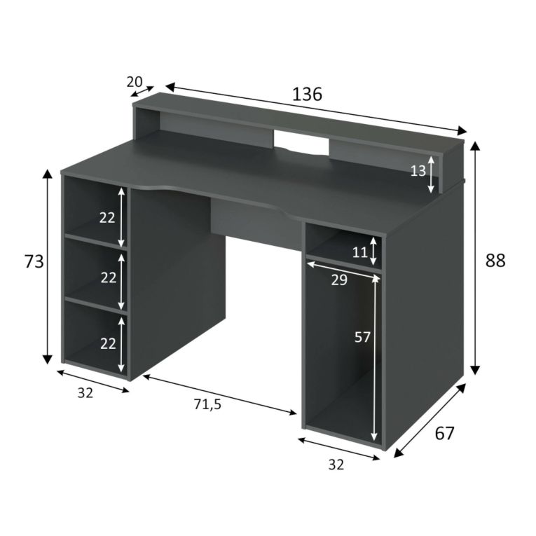 Scrivania Phoenix, Scrittoio multifunzione moderno da Gaming, Tavolo da studio porta PC e porta CD, Tavolo da studio con ripiani, 136x67h88 cm, Antracite