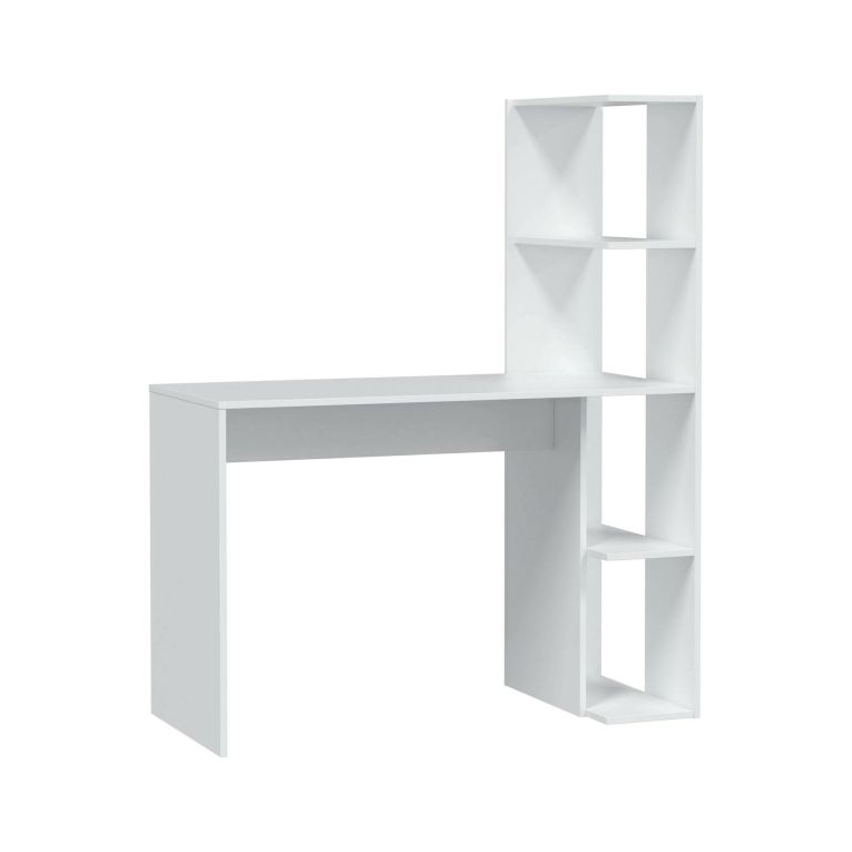 Scrivania Pittston, Scrittoio lineare con libreria, Tavolo ufficio multiuso salvaspazio, 110x50h136 cm, Bianco