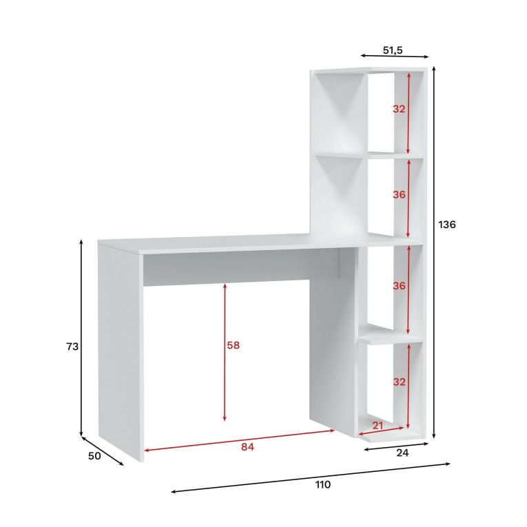 Scrivania Pittston, Scrittoio lineare con libreria, Tavolo ufficio multiuso salvaspazio, 110x50h136 cm, Bianco