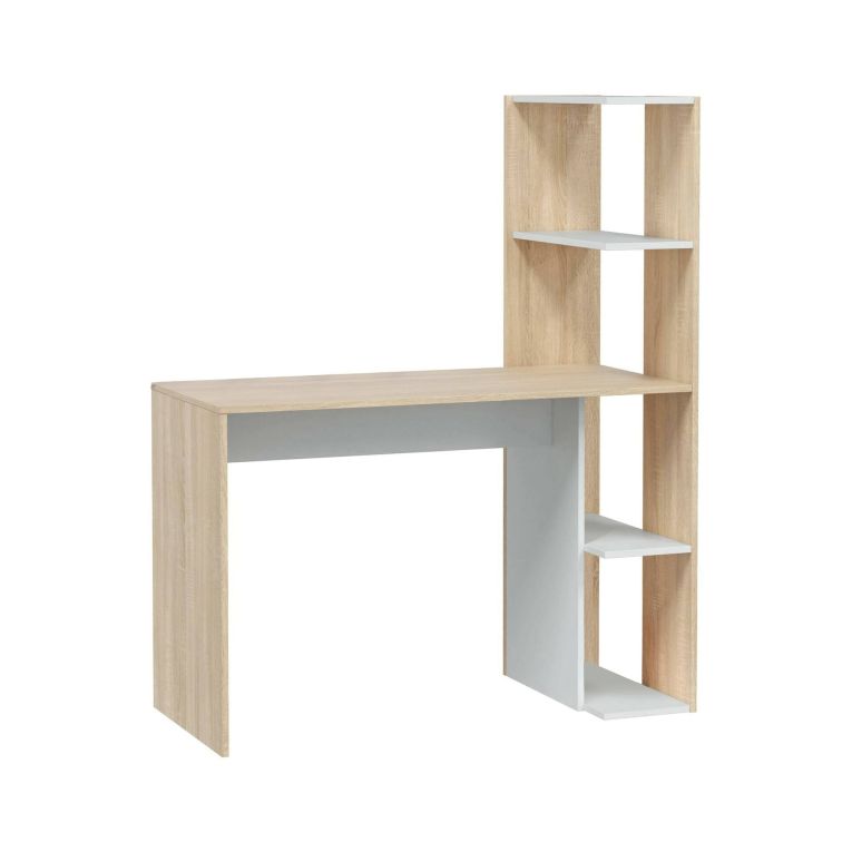 Scrivania Pittston, Scrittoio lineare con libreria, Tavolo ufficio multiuso salvaspazio, 110x52h136 cm, Bianco e Rovere