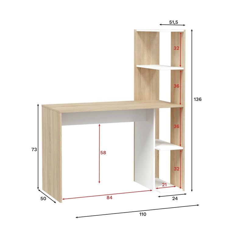 Scrivania Pittston, Scrittoio lineare con libreria, Tavolo ufficio multiuso salvaspazio, 110x52h136 cm, Bianco e Rovere