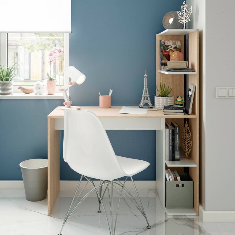 Scrivania Pittston, Scrittoio lineare con libreria, Tavolo ufficio multiuso salvaspazio, 110x52h136 cm, Bianco e Rovere