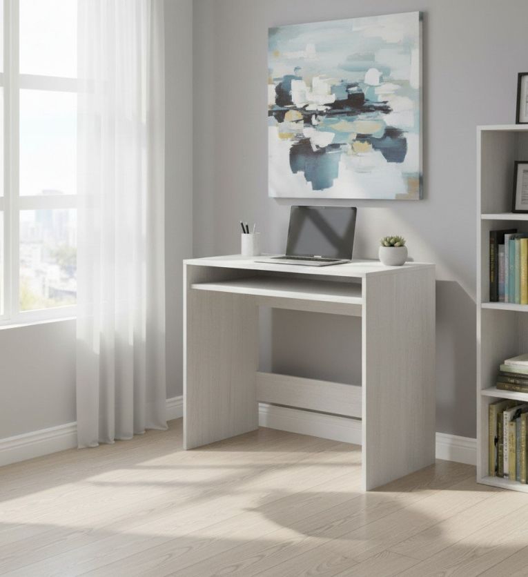 Scrivania Portland, Scrittoio lineare con ripiano fisso, Tavolo da studio o ufficio porta PC, 79x43h78 cm, Bianco effetto legno