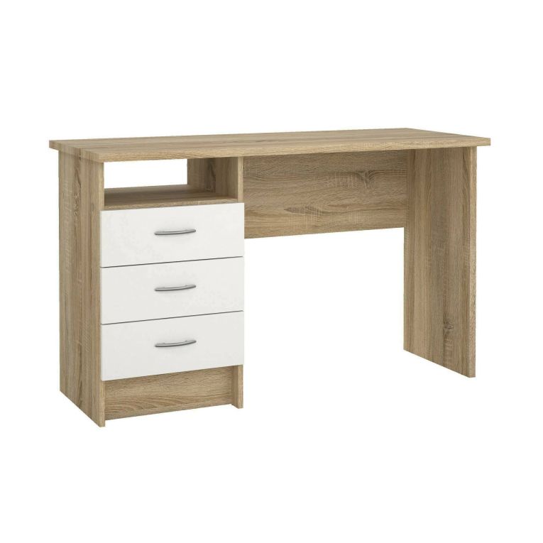 Scrivania Priscille, Scrittoio multiuso, Tavolo per ufficio porta PC, Piano di lavoro, 120x48 h72 cm, Quercia e Bianco