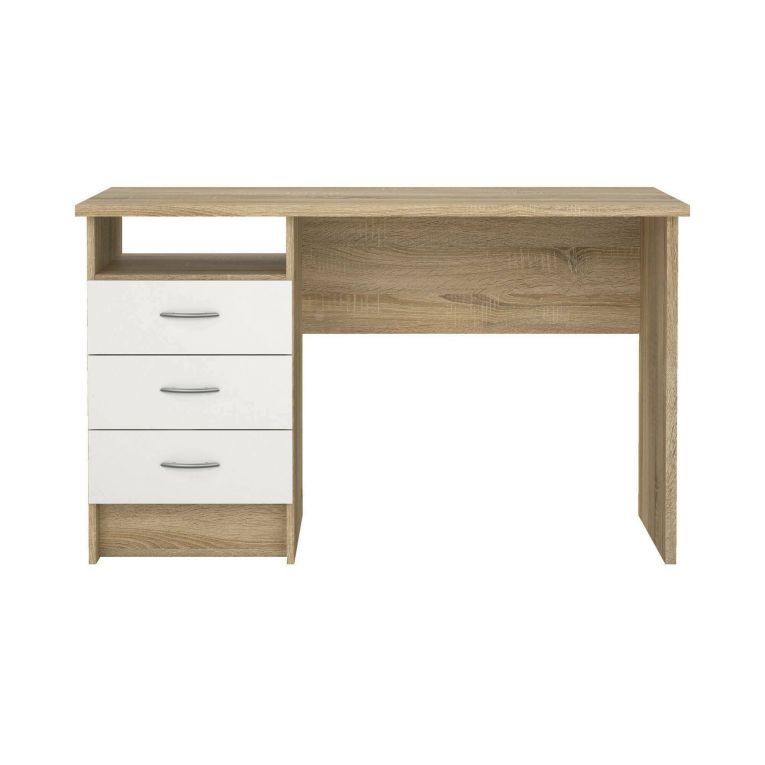 Scrivania Priscille, Scrittoio multiuso, Tavolo per ufficio porta PC, Piano di lavoro, 120x48 h72 cm, Quercia e Bianco