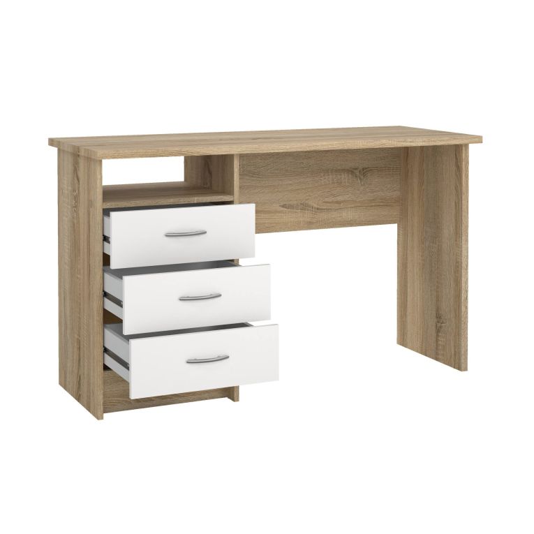 Scrivania Priscille, Scrittoio multiuso, Tavolo per ufficio porta PC, Piano di lavoro, 120x48 h72 cm, Quercia e Bianco