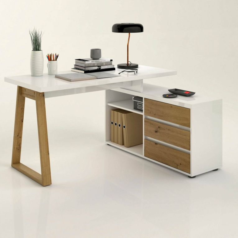 Scrivania Rabat, Scrittoio multiuso, Tavolo per ufficio porta PC, Piano di lavoro, Made in Italy, 135x120h75- cm, Bianco lucido e Rovere