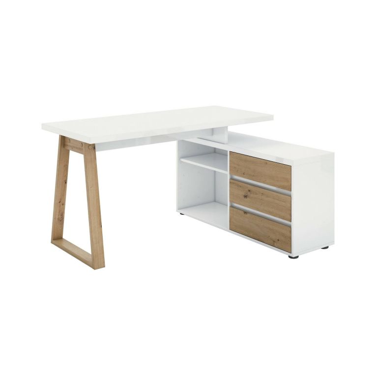 Scrivania Rabat, Scrittoio multiuso, Tavolo per ufficio porta PC, Piano di lavoro, Made in Italy, 135x120h75- cm, Bianco lucido e Rovere