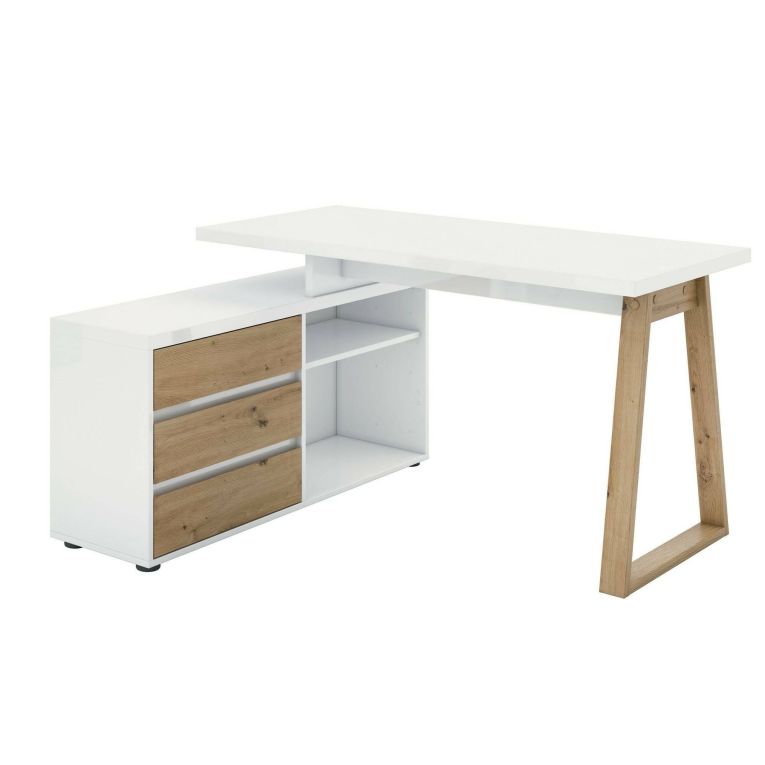 Scrivania Rabat, Scrittoio multiuso, Tavolo per ufficio porta PC, Piano di lavoro, Made in Italy, 135x120h75- cm, Bianco lucido e Rovere
