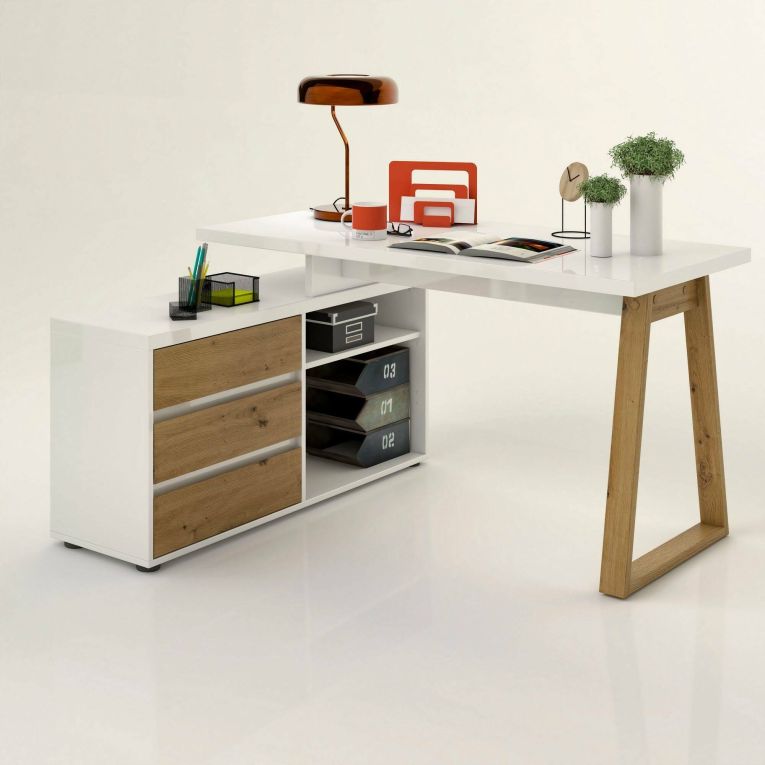 Scrivania Rabat, Scrittoio multiuso, Tavolo per ufficio porta PC, Piano di lavoro, Made in Italy, 135x120h75- cm, Bianco lucido e Rovere