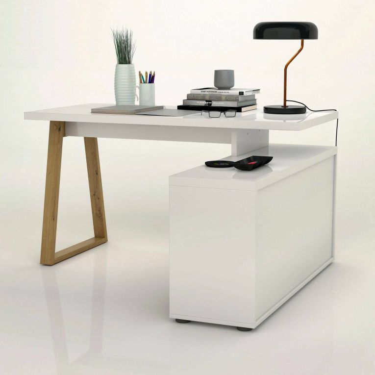 Scrivania Rabat, Scrittoio multiuso, Tavolo per ufficio porta PC, Piano di lavoro, Made in Italy, 135x120h75- cm, Bianco lucido e Rovere