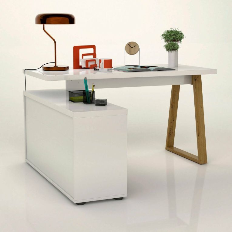 Scrivania Rabat, Scrittoio multiuso, Tavolo per ufficio porta PC, Piano di lavoro, Made in Italy, 135x120h75- cm, Bianco lucido e Rovere