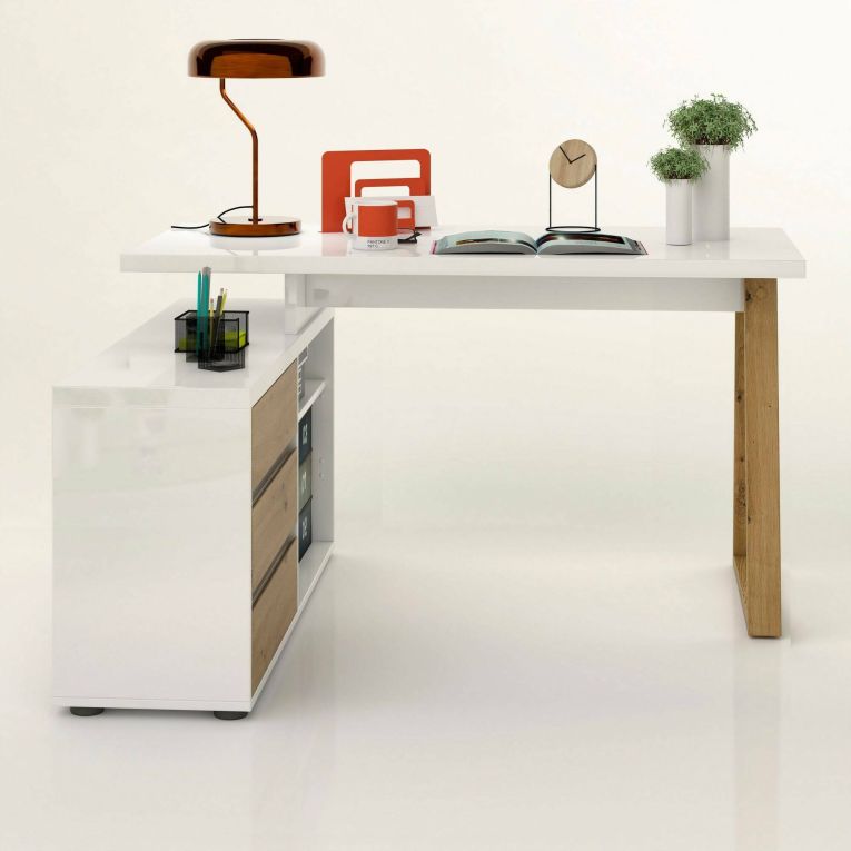 Scrivania Rabat, Scrittoio multiuso, Tavolo per ufficio porta PC, Piano di lavoro, Made in Italy, 135x120h75- cm, Bianco lucido e Rovere