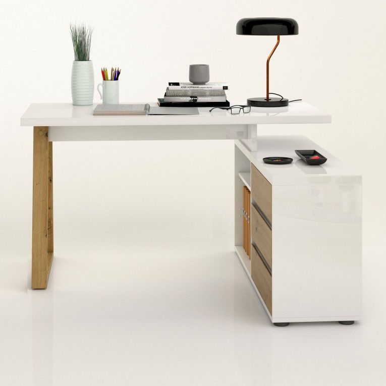 Scrivania Rabat, Scrittoio multiuso, Tavolo per ufficio porta PC, Piano di lavoro, Made in Italy, 135x120h75- cm, Bianco lucido e Rovere