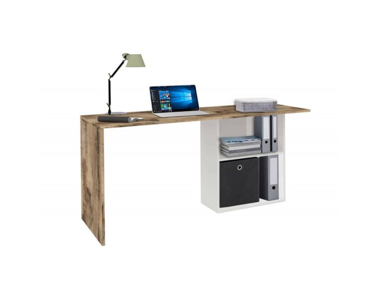 Scrivania Raimondo, Scrittoio lineare porta PC, Tavolo multiuso per ufficio, Scrivania salvaspazio, 100% Made in Italy, cm 110x50h75, Bianco lucido e Acero