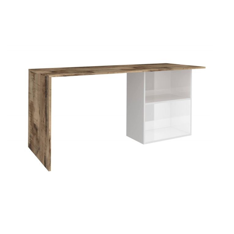 Scrivania Raimondo, Scrittoio lineare porta PC, Tavolo multiuso per ufficio, Scrivania salvaspazio, 100% Made in Italy, cm 110x50h75, Bianco lucido e Acero